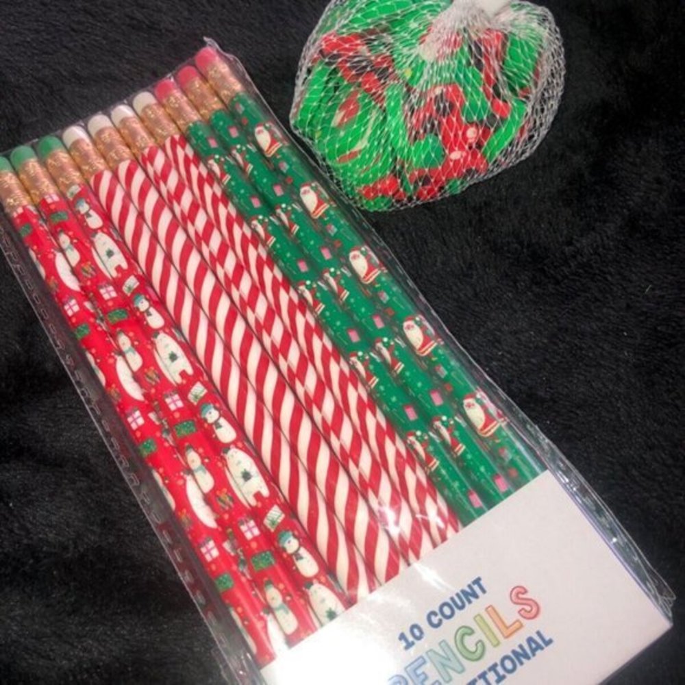 Christmas Pencils‎ Erasers Set New Stocking Stuffers Classroom Prizes